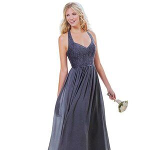 NWT Jasmine Steel Lace and Chiffon Halter Floor Length Formal Gown